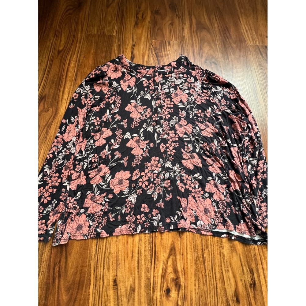 Liz Claiborne Floral Henley Top Women 2X Black Pink Good Long Sleeve Casual